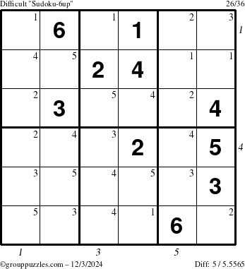 The grouppuzzles.com Difficult Sudoku-6up puzzle for Tuesday December 3, 2024 with all 5 steps marked