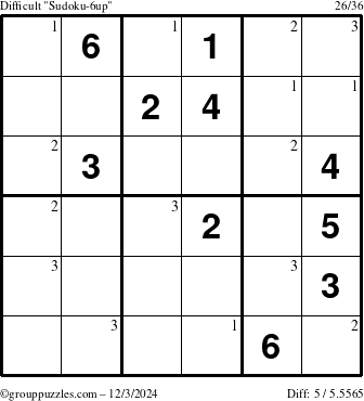 The grouppuzzles.com Difficult Sudoku-6up puzzle for Tuesday December 3, 2024 with the first 3 steps marked