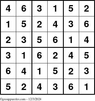 The grouppuzzles.com Answer grid for the Sudoku-6up puzzle for Tuesday December 3, 2024