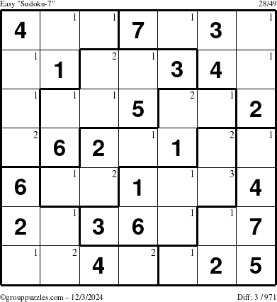 The grouppuzzles.com Easy Sudoku-7 puzzle for Tuesday December 3, 2024 with the first 3 steps marked