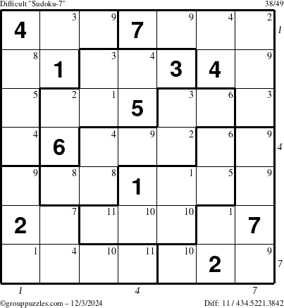 The grouppuzzles.com Difficult Sudoku-7 puzzle for Tuesday December 3, 2024 with all 11 steps marked