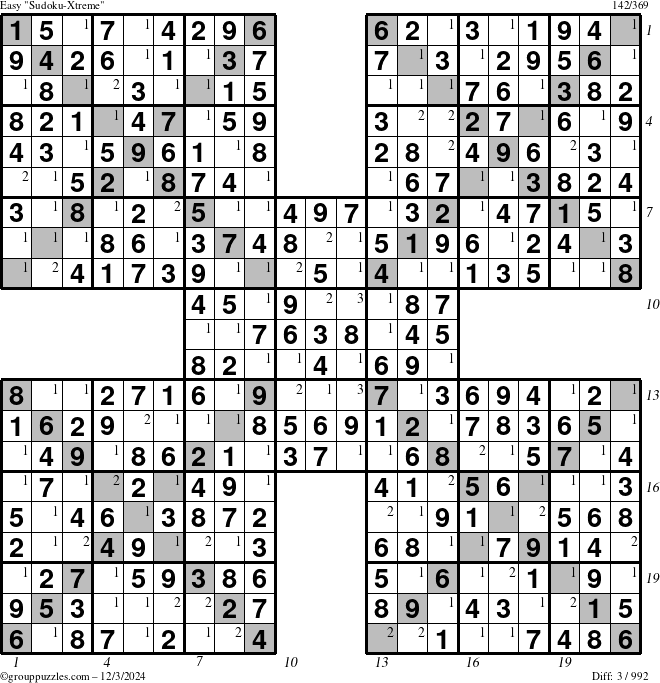 The grouppuzzles.com Easy Sudoku-Xtreme puzzle for Tuesday December 3, 2024 with all 3 steps marked