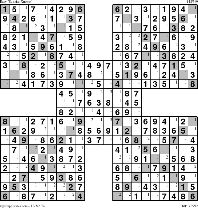 The grouppuzzles.com Easy Sudoku-Xtreme puzzle for Tuesday December 3, 2024 with the first 3 steps marked