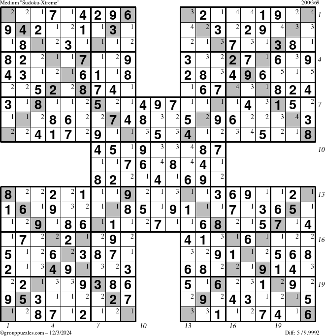 The grouppuzzles.com Medium Sudoku-Xtreme puzzle for Tuesday December 3, 2024, suitable for printing, with all 5 steps marked