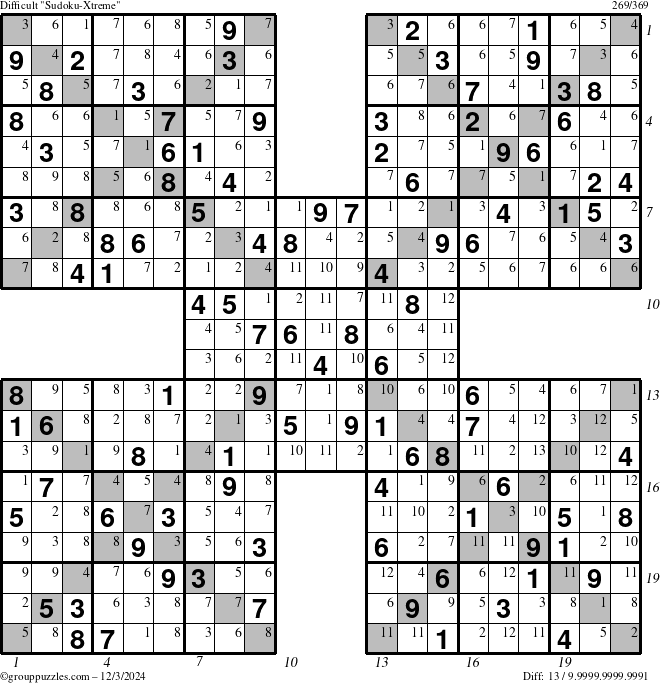 The grouppuzzles.com Difficult Sudoku-Xtreme puzzle for Tuesday December 3, 2024 with all 13 steps marked