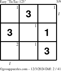 The grouppuzzles.com Easy TicTac-123 puzzle for Tuesday December 3, 2024 with all 2 steps marked