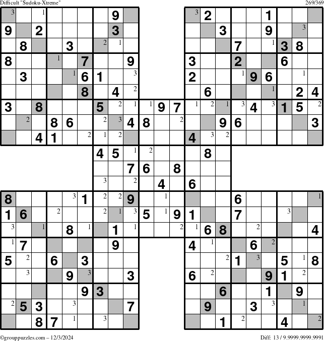 The grouppuzzles.com Difficult Sudoku-Xtreme puzzle for Tuesday December 3, 2024 with the first 3 steps marked