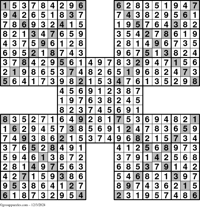 The grouppuzzles.com Answer grid for the Sudoku-Xtreme puzzle for Tuesday December 3, 2024