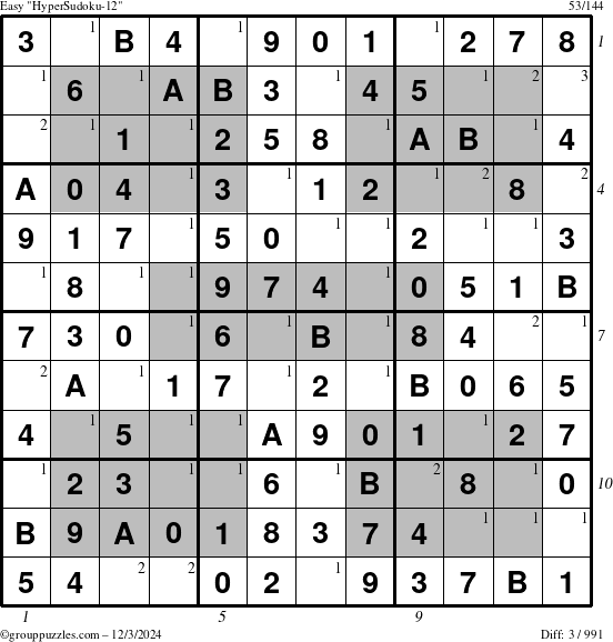 The grouppuzzles.com Easy HyperSudoku-12 puzzle for Tuesday December 3, 2024 with all 3 steps marked