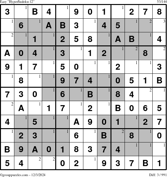 The grouppuzzles.com Easy HyperSudoku-12 puzzle for Tuesday December 3, 2024 with the first 3 steps marked