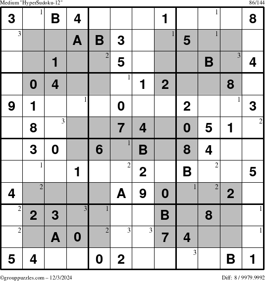 The grouppuzzles.com Medium HyperSudoku-12 puzzle for Tuesday December 3, 2024 with the first 3 steps marked