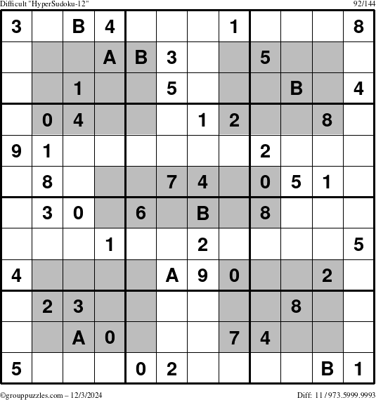 The grouppuzzles.com Difficult HyperSudoku-12 puzzle for Tuesday December 3, 2024