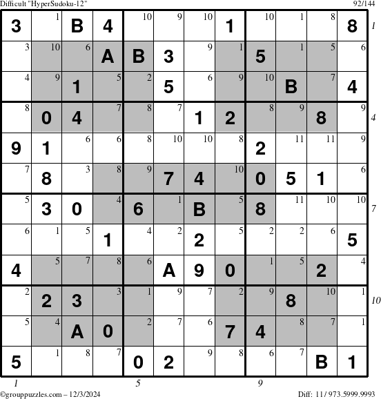 The grouppuzzles.com Difficult HyperSudoku-12 puzzle for Tuesday December 3, 2024 with all 11 steps marked