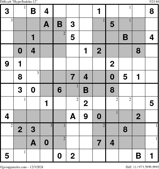 The grouppuzzles.com Difficult HyperSudoku-12 puzzle for Tuesday December 3, 2024 with the first 3 steps marked