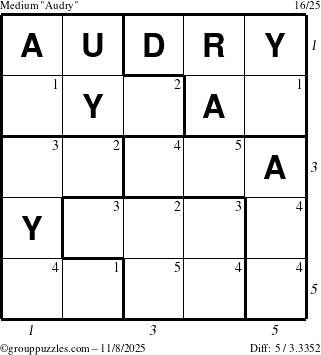 The grouppuzzles.com Medium Audry puzzle for Saturday November 8, 2025 with all 5 steps marked