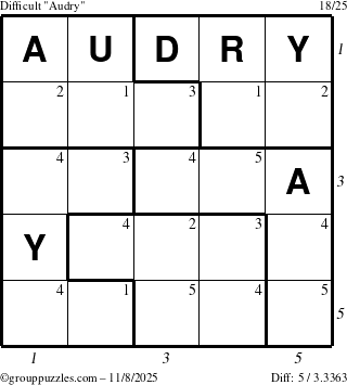 The grouppuzzles.com Difficult Audry puzzle for Saturday November 8, 2025, suitable for printing, with all 5 steps marked