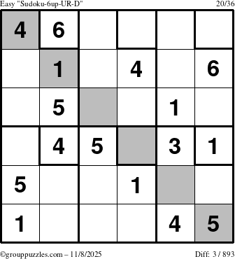 The grouppuzzles.com Easy Sudoku-6up-UR-D puzzle for Saturday November 8, 2025