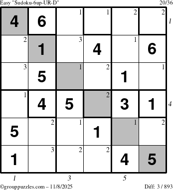 The grouppuzzles.com Easy Sudoku-6up-UR-D puzzle for Saturday November 8, 2025, suitable for printing, with all 3 steps marked