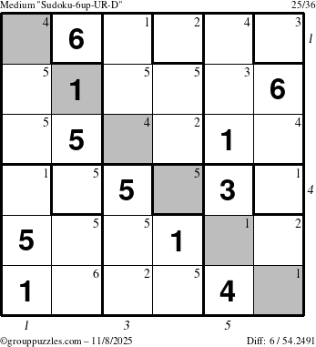 The grouppuzzles.com Medium Sudoku-6up-UR-D puzzle for Saturday November 8, 2025 with all 6 steps marked