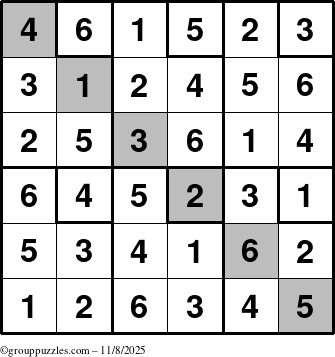 The grouppuzzles.com Answer grid for the Sudoku-6up-UR-D puzzle for Saturday November 8, 2025