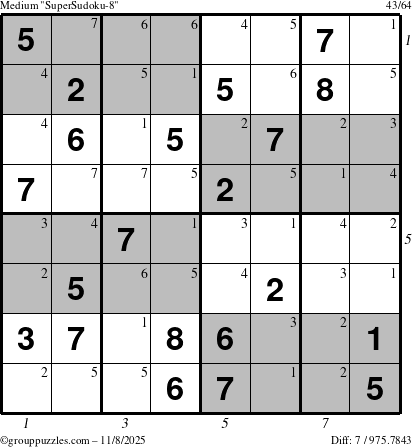 The grouppuzzles.com Medium SuperSudoku-8 puzzle for Saturday November 8, 2025, suitable for printing, with all 7 steps marked