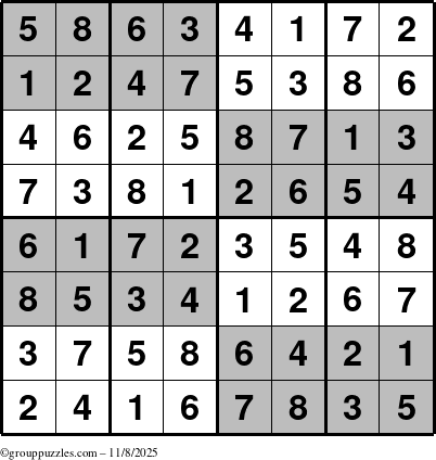 The grouppuzzles.com Answer grid for the SuperSudoku-8 puzzle for Saturday November 8, 2025