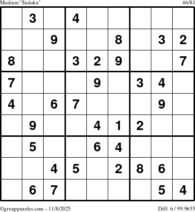 The grouppuzzles.com Medium Sudoku puzzle for Saturday November 8, 2025