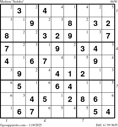 The grouppuzzles.com Medium Sudoku puzzle for Saturday November 8, 2025, suitable for printing, with all 6 steps marked