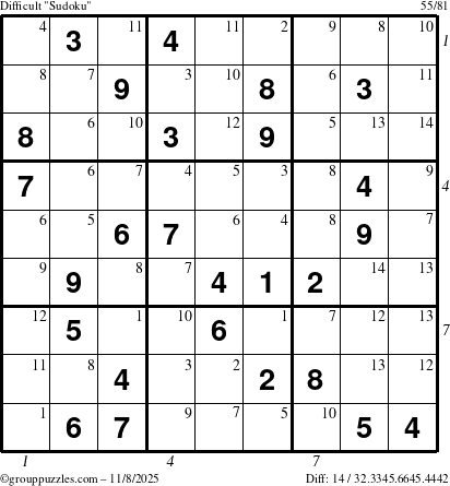 The grouppuzzles.com Difficult Sudoku puzzle for Saturday November 8, 2025, suitable for printing, with all 14 steps marked