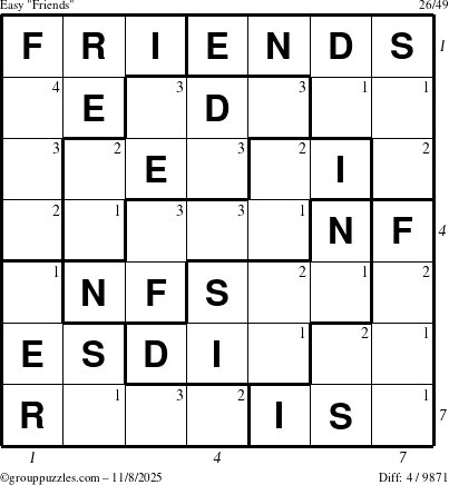 The grouppuzzles.com Easy Friends puzzle for Saturday November 8, 2025 with all 4 steps marked