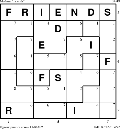 The grouppuzzles.com Medium Friends puzzle for Saturday November 8, 2025, suitable for printing, with all 8 steps marked