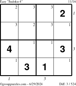 The grouppuzzles.com Easy Sudoku-4 puzzle for Saturday June 29, 2024 with all 3 steps marked