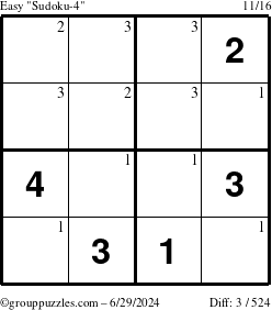 The grouppuzzles.com Easy Sudoku-4 puzzle for Saturday June 29, 2024 with the first 3 steps marked