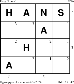 The grouppuzzles.com Easy Hans puzzle for Saturday June 29, 2024 with all 3 steps marked