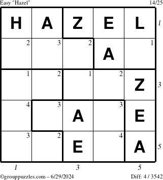 The grouppuzzles.com Easy Hazel puzzle for Saturday June 29, 2024, suitable for printing, with all 4 steps marked