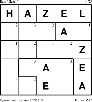 The grouppuzzles.com Easy Hazel puzzle for Saturday June 29, 2024 with the first 3 steps marked