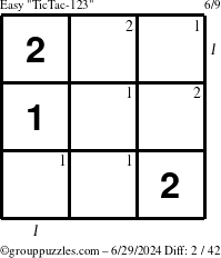 The grouppuzzles.com Easy TicTac-123 puzzle for Saturday June 29, 2024, suitable for printing, with all 2 steps marked