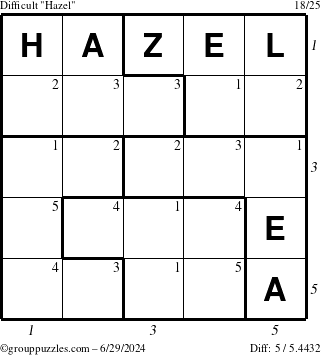 The grouppuzzles.com Difficult Hazel puzzle for Saturday June 29, 2024, suitable for printing, with all 5 steps marked