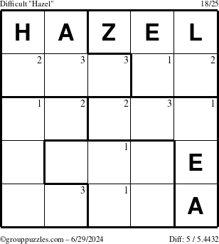 The grouppuzzles.com Difficult Hazel puzzle for Saturday June 29, 2024 with the first 3 steps marked