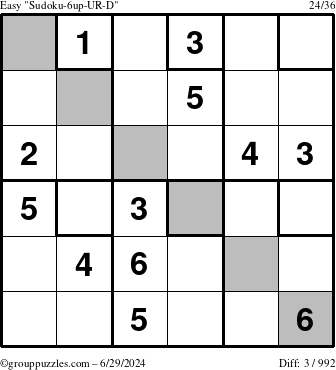 The grouppuzzles.com Easy Sudoku-6up-UR-D puzzle for Saturday June 29, 2024