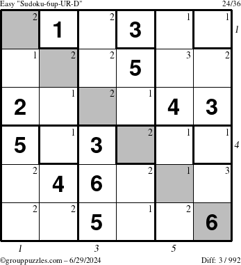 The grouppuzzles.com Easy Sudoku-6up-UR-D puzzle for Saturday June 29, 2024 with all 3 steps marked