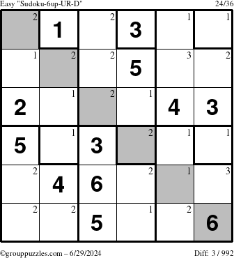 The grouppuzzles.com Easy Sudoku-6up-UR-D puzzle for Saturday June 29, 2024 with the first 3 steps marked