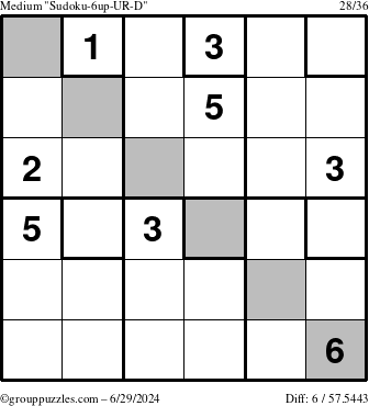 The grouppuzzles.com Medium Sudoku-6up-UR-D puzzle for Saturday June 29, 2024