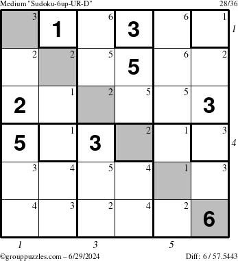 The grouppuzzles.com Medium Sudoku-6up-UR-D puzzle for Saturday June 29, 2024, suitable for printing, with all 6 steps marked