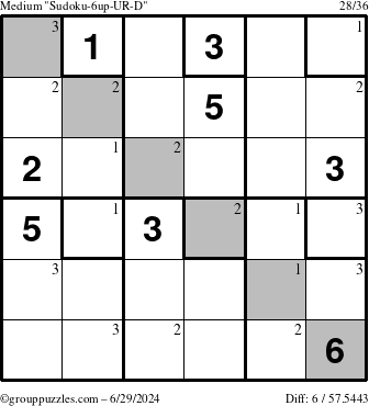 The grouppuzzles.com Medium Sudoku-6up-UR-D puzzle for Saturday June 29, 2024 with the first 3 steps marked