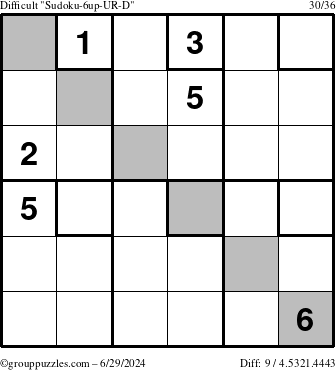 The grouppuzzles.com Difficult Sudoku-6up-UR-D puzzle for Saturday June 29, 2024