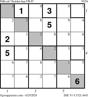 The grouppuzzles.com Difficult Sudoku-6up-UR-D puzzle for Saturday June 29, 2024 with all 9 steps marked