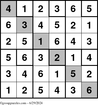 The grouppuzzles.com Answer grid for the Sudoku-6up-UR-D puzzle for Saturday June 29, 2024