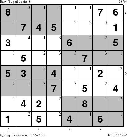 The grouppuzzles.com Easy SuperSudoku-8 puzzle for Saturday June 29, 2024 with all 4 steps marked