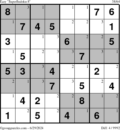 The grouppuzzles.com Easy SuperSudoku-8 puzzle for Saturday June 29, 2024 with the first 3 steps marked